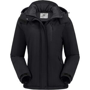 Women's All Black Snow Ski Hooded Jacket Coat Mountain Snowboarding Waterproof